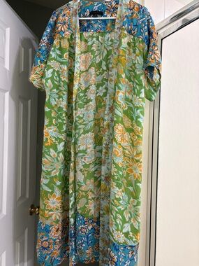 Current Air Floral Mixed Print Duster Kimono One Size Gold Lurex Anthropologie
